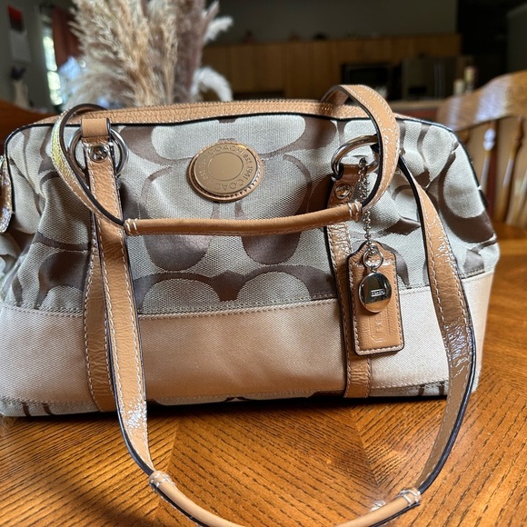 EUC COACH KHAKI SIGNATURE TAN STRIPED LEATHER BAG SATCHEL SHOULDER PURSE - Picture 2 of 11